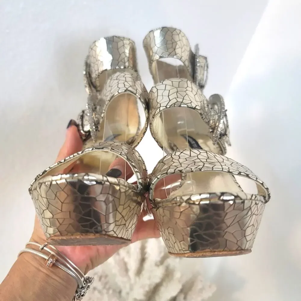 CLAUDIA CIUTI Silver Italian Mirror Mosaic Platform Heels Rhinestone Buckle Glam